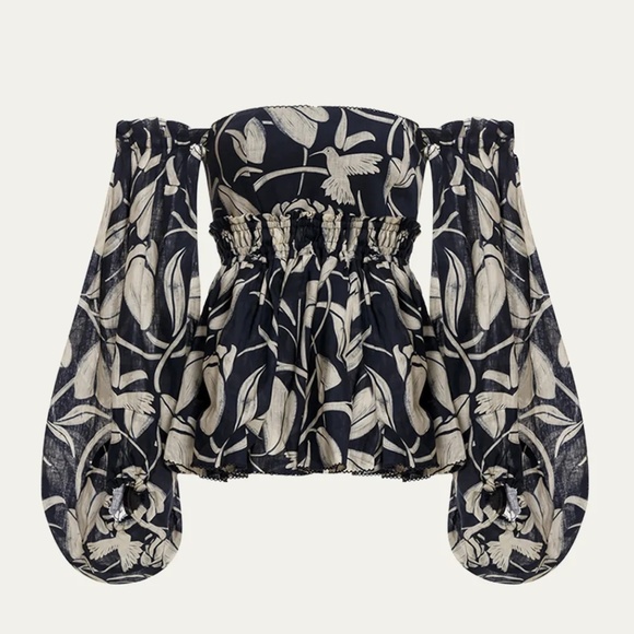 AGUA BY AGUA BENDITA Jamaica Off-Shoulder Printed Linen Peplum Top - Picture 1 of 5